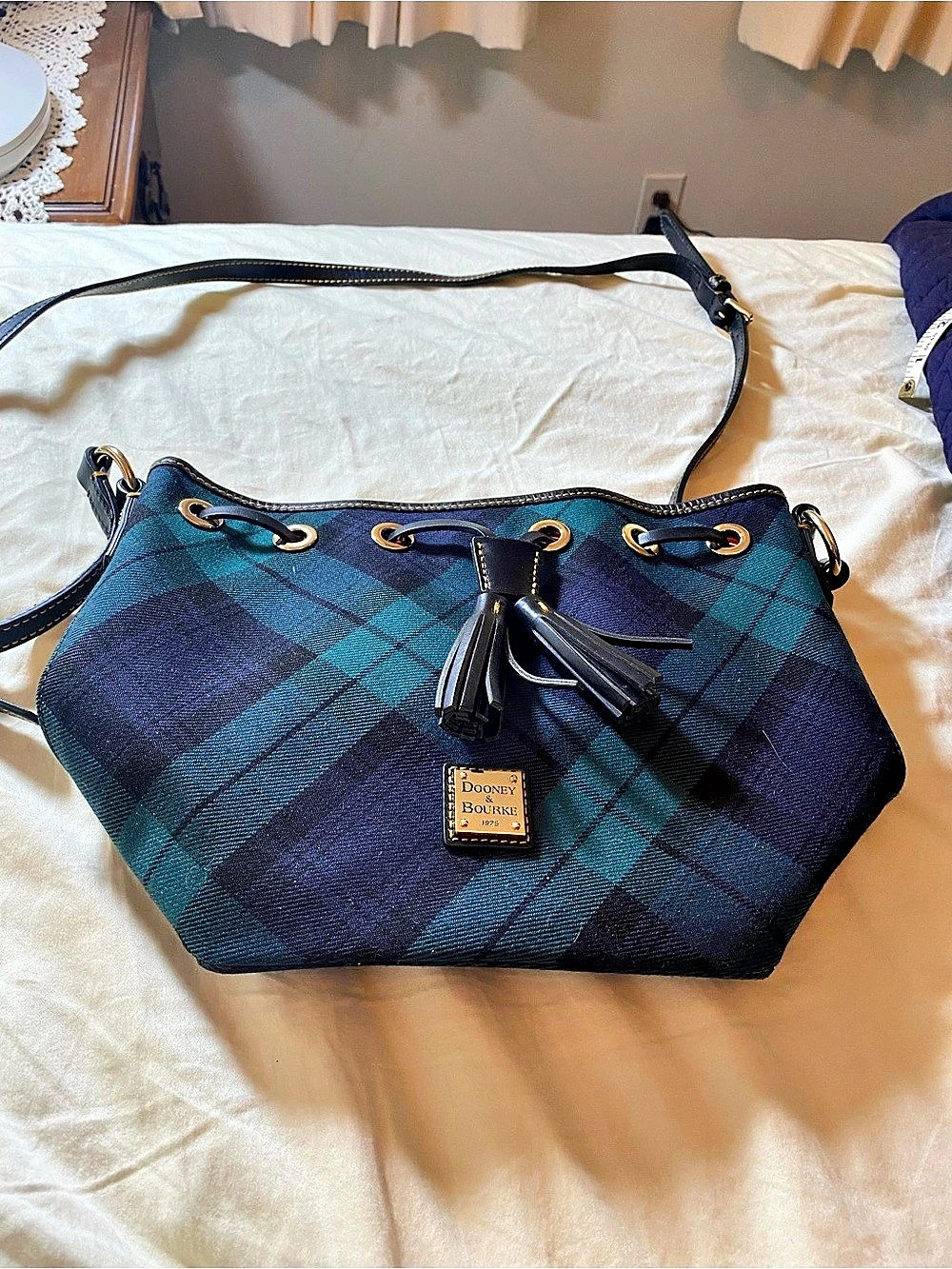 Dooney & Bourke Tartan Plaid Tasha Crossbody Drawstring Bag Blue & Green